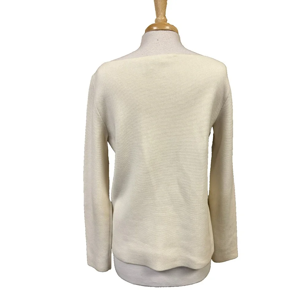 Tory Burch Flutter Flower Striped Top Bateau Neck Ivory Blue Long Sleeves SZ‎ M